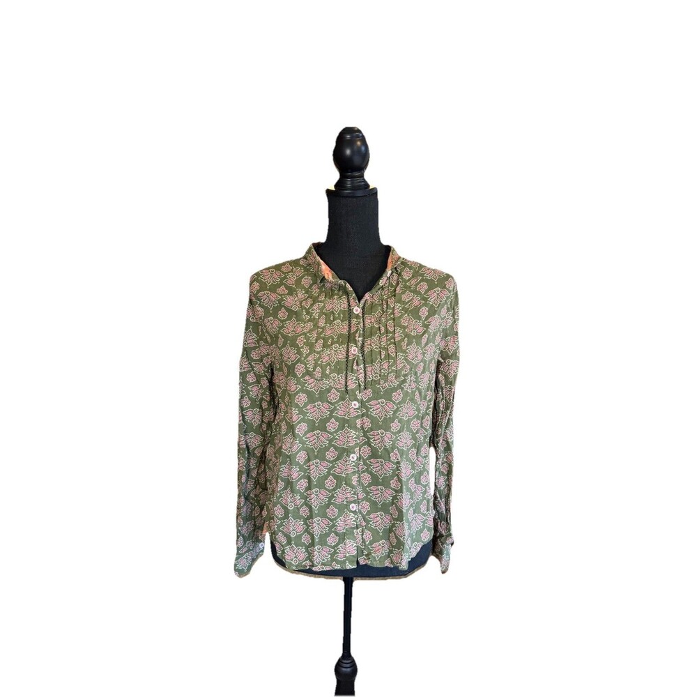 Anthropologie Holding Horses Green Floral Button Down Blouse Womens 6 Cotton